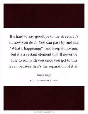 It’s hard to say goodbye to the streets. It’s all how you do it. You can pass by and say, ‘What’s happening?’ and keep it moving, but it’s a certain element that’ll never be able to roll with you once you get to this level, because that’s the separation of it all Picture Quote #1
