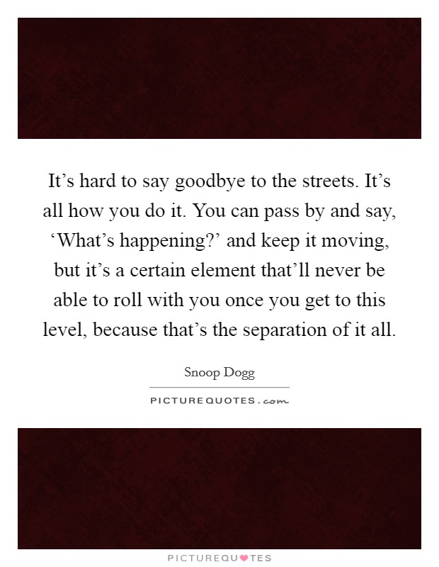It's hard to say goodbye to the streets. It's all how you do it. You can pass by and say, ‘What's happening?' and keep it moving, but it's a certain element that'll never be able to roll with you once you get to this level, because that's the separation of it all Picture Quote #1