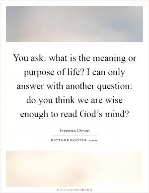 You ask: what is the meaning or purpose of life? I can only answer with another question: do you think we are wise enough to read God’s mind? Picture Quote #1