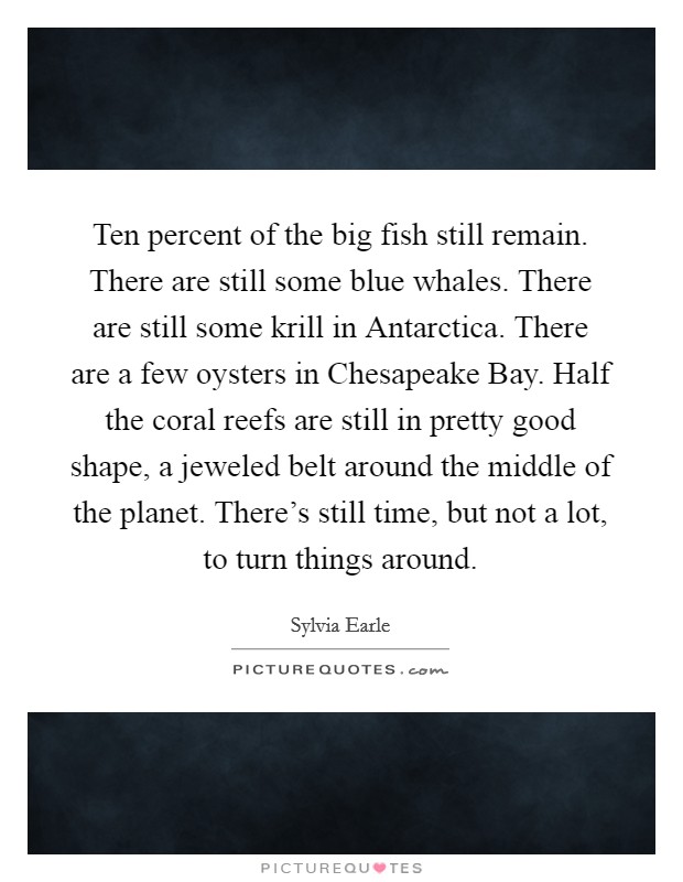 Ten percent of the big fish still remain. There are still some blue whales. There are still some krill in Antarctica. There are a few oysters in Chesapeake Bay. Half the coral reefs are still in pretty good shape, a jeweled belt around the middle of the planet. There's still time, but not a lot, to turn things around Picture Quote #1