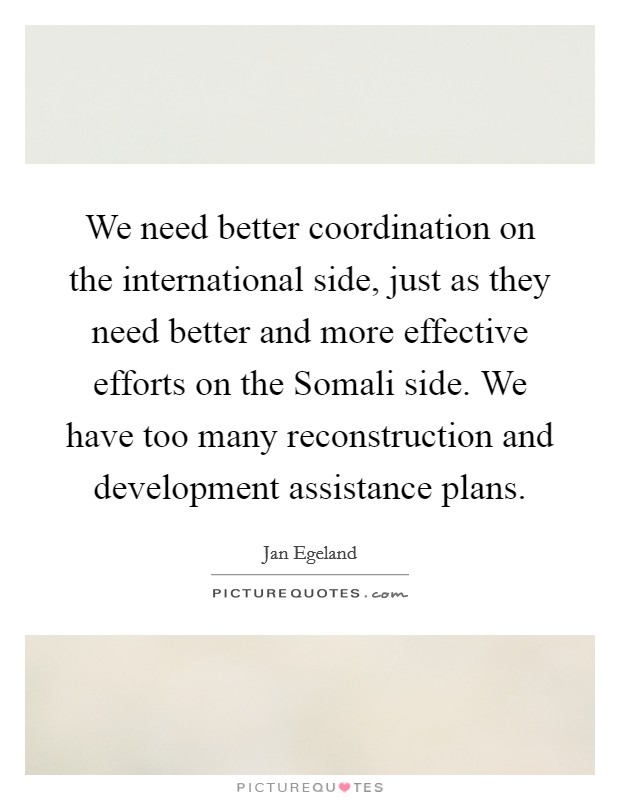 We need better coordination on the international side, just as they need better and more effective efforts on the Somali side. We have too many reconstruction and development assistance plans Picture Quote #1