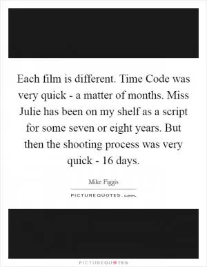 Each film is different. Time Code was very quick - a matter of months. Miss Julie has been on my shelf as a script for some seven or eight years. But then the shooting process was very quick - 16 days Picture Quote #1
