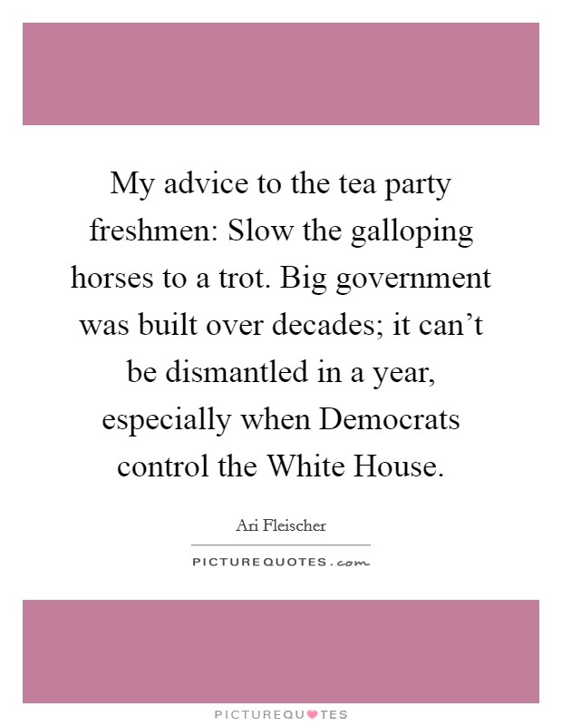 My advice to the tea party freshmen: Slow the galloping horses to a trot. Big government was built over decades; it can't be dismantled in a year, especially when Democrats control the White House Picture Quote #1