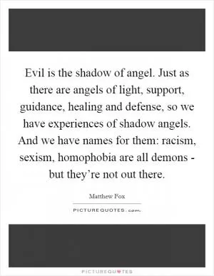 Evil is the shadow of angel. Just as there are angels of light, support, guidance, healing and defense, so we have experiences of shadow angels. And we have names for them: racism, sexism, homophobia are all demons - but they’re not out there Picture Quote #1