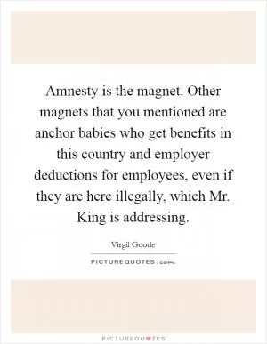 Amnesty is the magnet. Other magnets that you mentioned are anchor babies who get benefits in this country and employer deductions for employees, even if they are here illegally, which Mr. King is addressing Picture Quote #1