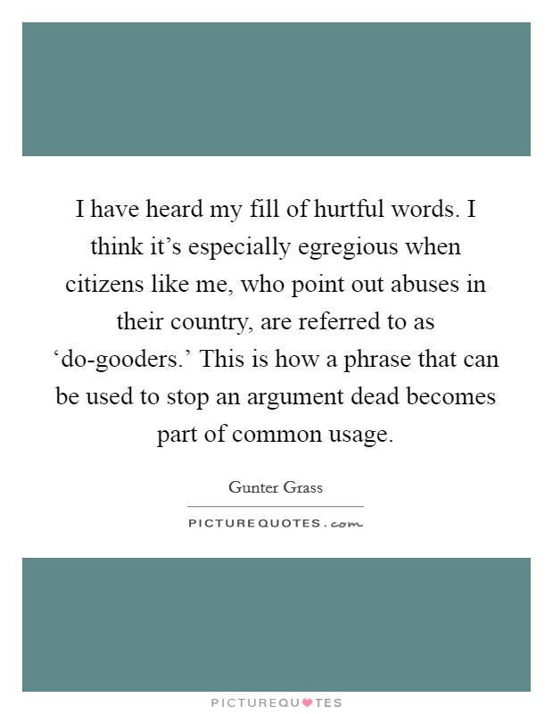 I have heard my fill of hurtful words. I think it's especially egregious when citizens like me, who point out abuses in their country, are referred to as ‘do-gooders.' This is how a phrase that can be used to stop an argument dead becomes part of common usage Picture Quote #1