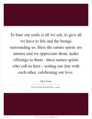 To bare our souls is all we ask, to give all we have to life and the beings surrounding us. Here the nature spirits are intense and we appreciate them, make offerings to them - these nature spirits who call us here - sealing our fate with each other, celebrating our love Picture Quote #1