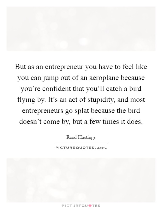 But as an entrepreneur you have to feel like you can jump out of an aeroplane because you're confident that you'll catch a bird flying by. It's an act of stupidity, and most entrepreneurs go splat because the bird doesn't come by, but a few times it does Picture Quote #1