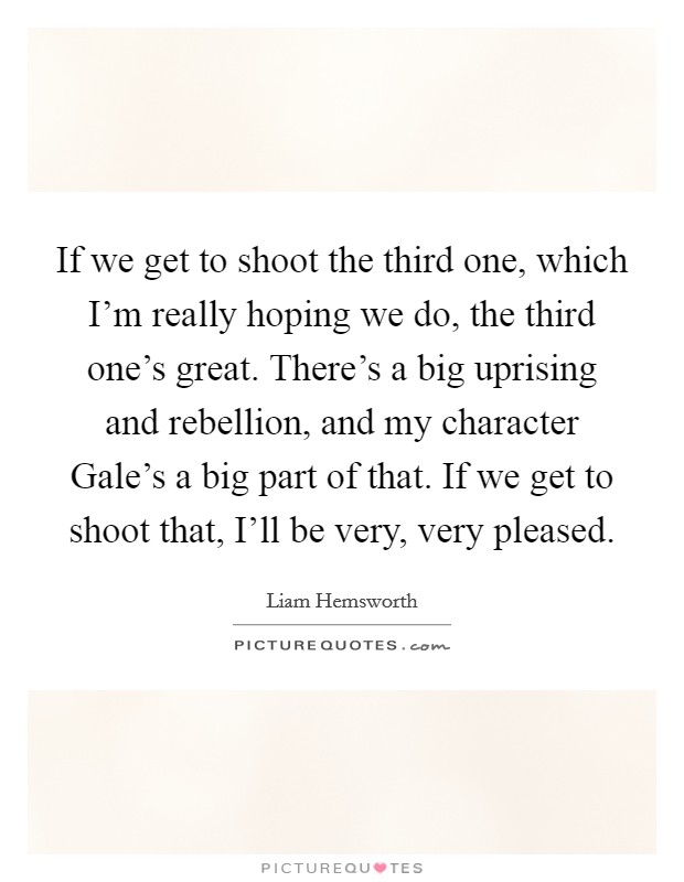 If we get to shoot the third one, which I'm really hoping we do, the third one's great. There's a big uprising and rebellion, and my character Gale's a big part of that. If we get to shoot that, I'll be very, very pleased Picture Quote #1
