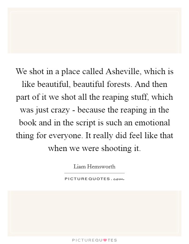 We shot in a place called Asheville, which is like beautiful, beautiful forests. And then part of it we shot all the reaping stuff, which was just crazy - because the reaping in the book and in the script is such an emotional thing for everyone. It really did feel like that when we were shooting it Picture Quote #1