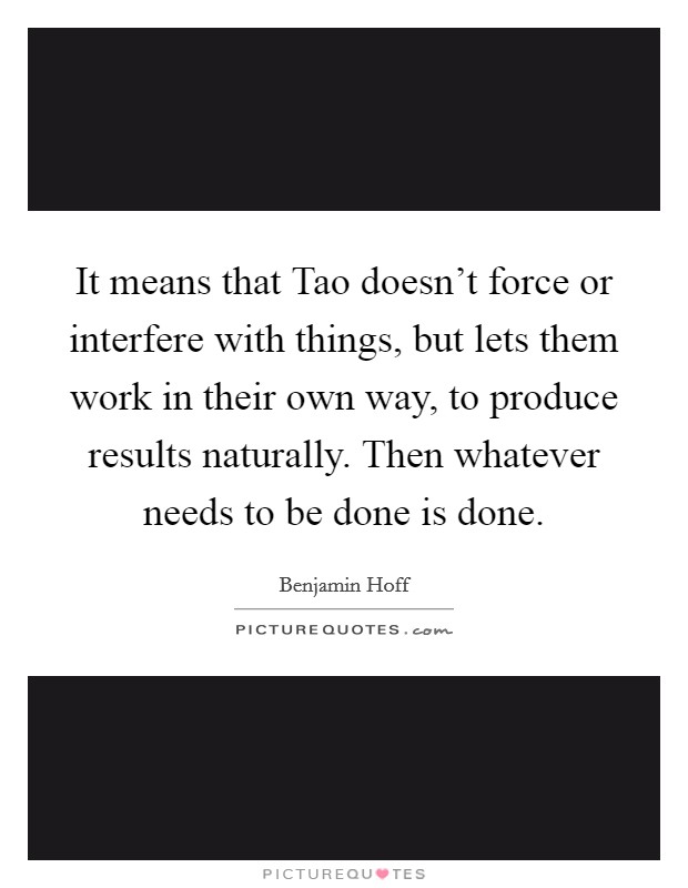 It means that Tao doesn't force or interfere with things, but lets them work in their own way, to produce results naturally. Then whatever needs to be done is done Picture Quote #1