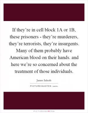 If they’re in cell block 1A or 1B, these prisoners - they’re murderers, they’re terrorists, they’re insurgents. Many of them probably have American blood on their hands. and here we’re so concerned about the treatment of those individuals Picture Quote #1
