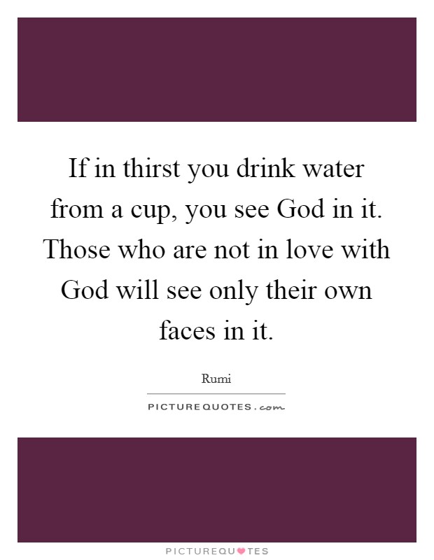 If in thirst you drink water from a cup, you see God in it. Those who are not in love with God will see only their own faces in it Picture Quote #1