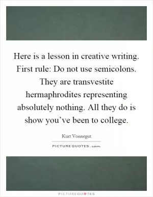 Here is a lesson in creative writing. First rule: Do not use semicolons. They are transvestite hermaphrodites representing absolutely nothing. All they do is show you’ve been to college Picture Quote #1