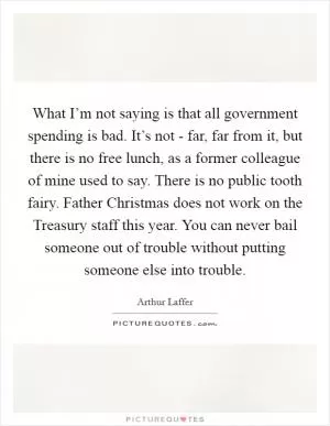 What I’m not saying is that all government spending is bad. It’s not - far, far from it, but there is no free lunch, as a former colleague of mine used to say. There is no public tooth fairy. Father Christmas does not work on the Treasury staff this year. You can never bail someone out of trouble without putting someone else into trouble Picture Quote #1