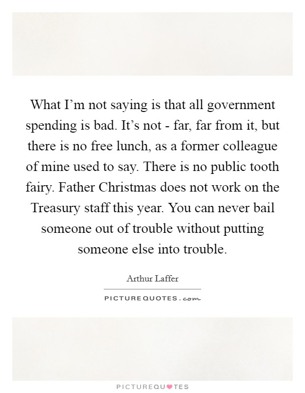 What I'm not saying is that all government spending is bad. It's not - far, far from it, but there is no free lunch, as a former colleague of mine used to say. There is no public tooth fairy. Father Christmas does not work on the Treasury staff this year. You can never bail someone out of trouble without putting someone else into trouble Picture Quote #1