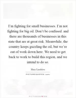 I’m fighting for small businesses. I’m not fighting for big oil. Don’t be confused. and there are thousands of businesses in this state that are at great risk. Meanwhile, the country keeps guzzling the oil, but we’re out of work down here. We need to get back to work to build this region, and we intend to do so Picture Quote #1