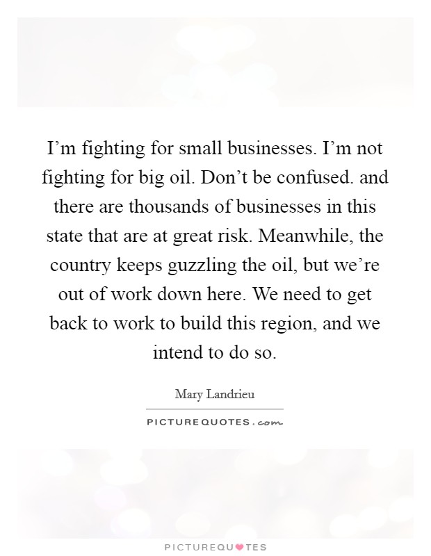 I'm fighting for small businesses. I'm not fighting for big oil. Don't be confused. and there are thousands of businesses in this state that are at great risk. Meanwhile, the country keeps guzzling the oil, but we're out of work down here. We need to get back to work to build this region, and we intend to do so Picture Quote #1