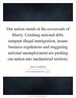 Our nation stands at the crossroads of liberty. Crushing national debt, rampant illegal immigration, insane business regulations and staggering national unemployment are pushing our nation into unchartered territory Picture Quote #1