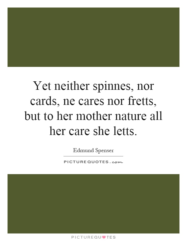 Yet neither spinnes, nor cards, ne cares nor fretts, but to her mother nature all her care she letts Picture Quote #1
