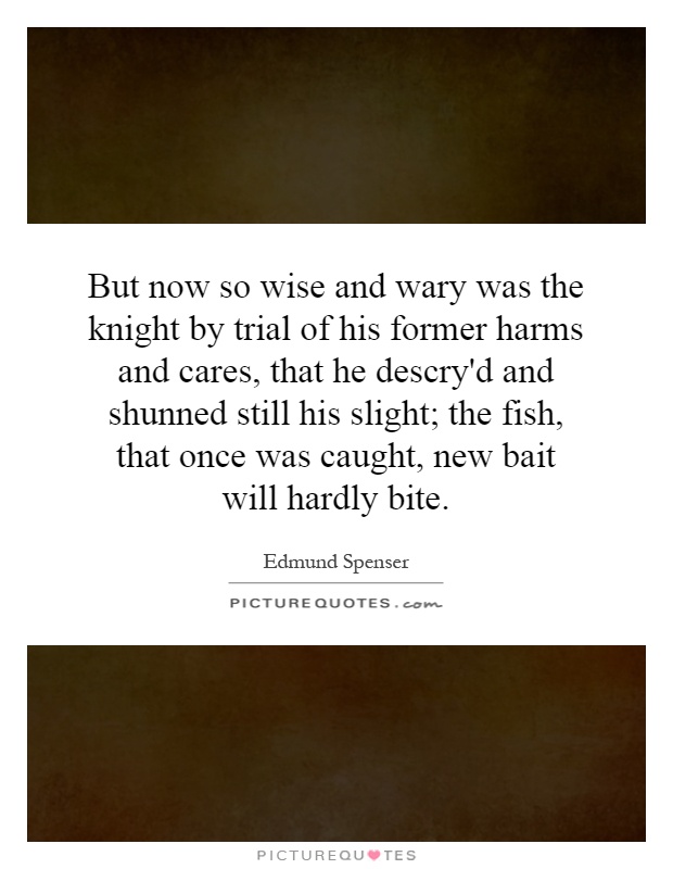 But now so wise and wary was the knight by trial of his former harms and cares, that he descry'd and shunned still his slight; the fish, that once was caught, new bait will hardly bite Picture Quote #1