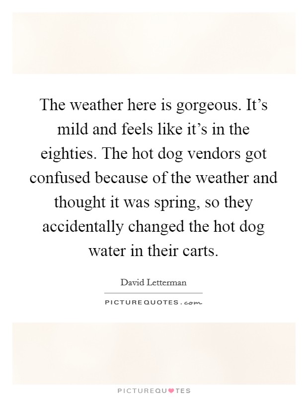 The weather here is gorgeous. It's mild and feels like it's in the eighties. The hot dog vendors got confused because of the weather and thought it was spring, so they accidentally changed the hot dog water in their carts Picture Quote #1