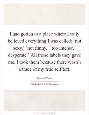 I had gotten to a place where I truly believed everything I was called: ‘not sexy,’ ‘not funny,’ ‘too intense,’ desperate.’ All those labels they gave me, I took them because there wasn’t a trace of my true self left Picture Quote #1