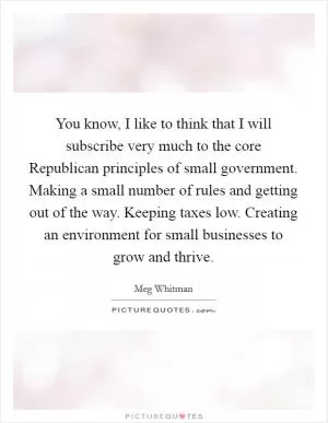 You know, I like to think that I will subscribe very much to the core Republican principles of small government. Making a small number of rules and getting out of the way. Keeping taxes low. Creating an environment for small businesses to grow and thrive Picture Quote #1