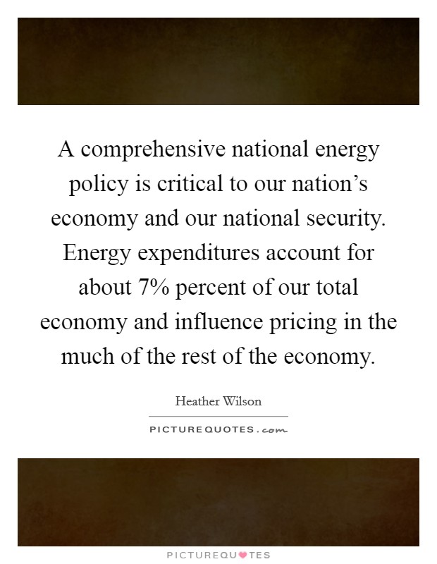 A comprehensive national energy policy is critical to our nation's economy and our national security. Energy expenditures account for about 7% percent of our total economy and influence pricing in the much of the rest of the economy Picture Quote #1
