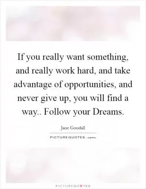 If you really want something, and really work hard, and take advantage of opportunities, and never give up, you will find a way.. Follow your Dreams Picture Quote #1