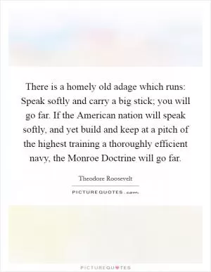 There is a homely old adage which runs: Speak softly and carry a big stick; you will go far. If the American nation will speak softly, and yet build and keep at a pitch of the highest training a thoroughly efficient navy, the Monroe Doctrine will go far Picture Quote #1