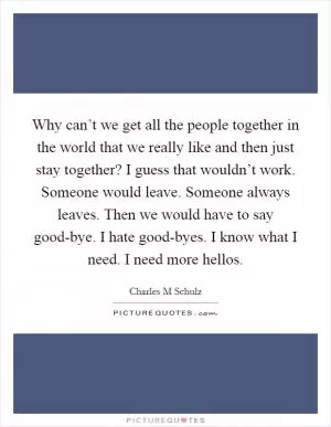 Why can’t we get all the people together in the world that we really like and then just stay together? I guess that wouldn’t work. Someone would leave. Someone always leaves. Then we would have to say good-bye. I hate good-byes. I know what I need. I need more hellos Picture Quote #1