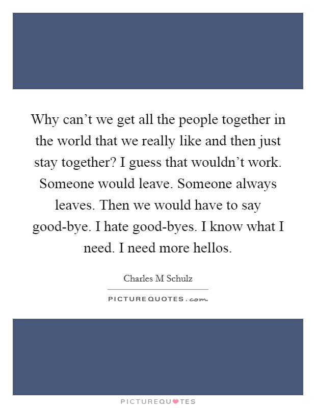 Why can't we get all the people together in the world that we really like and then just stay together? I guess that wouldn't work. Someone would leave. Someone always leaves. Then we would have to say good-bye. I hate good-byes. I know what I need. I need more hellos Picture Quote #1