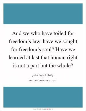 And we who have toiled for freedom’s law, have we sought for freedom’s soul? Have we learned at last that human right is not a part but the whole? Picture Quote #1