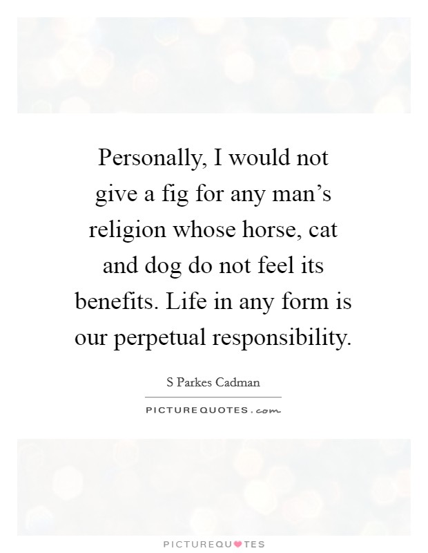 Personally, I would not give a fig for any man's religion whose horse, cat and dog do not feel its benefits. Life in any form is our perpetual responsibility Picture Quote #1