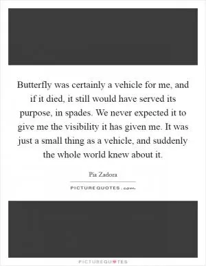 Butterfly was certainly a vehicle for me, and if it died, it still would have served its purpose, in spades. We never expected it to give me the visibility it has given me. It was just a small thing as a vehicle, and suddenly the whole world knew about it Picture Quote #1