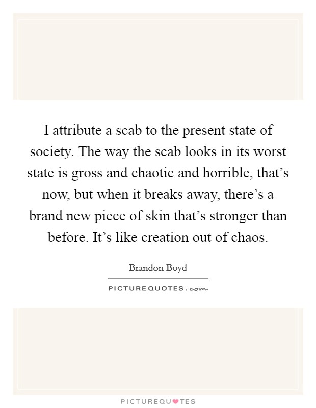 I attribute a scab to the present state of society. The way the scab looks in its worst state is gross and chaotic and horrible, that's now, but when it breaks away, there's a brand new piece of skin that's stronger than before. It's like creation out of chaos Picture Quote #1