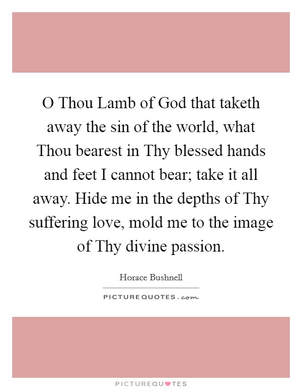 O Thou Lamb of God that taketh away the sin of the world, what Thou bearest in Thy blessed hands and feet I cannot bear; take it all away. Hide me in the depths of Thy suffering love, mold me to the image of Thy divine passion Picture Quote #1