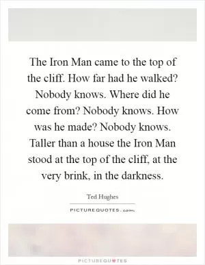 The Iron Man came to the top of the cliff. How far had he walked? Nobody knows. Where did he come from? Nobody knows. How was he made? Nobody knows. Taller than a house the Iron Man stood at the top of the cliff, at the very brink, in the darkness Picture Quote #1