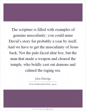 The scripture is filled with examples of genuine masculinity; you could mine David’s story for probably a year by itself. And we have to get the masculinity of Jesus back. Not the pale-faced altar boy, but the man that made a weapon and cleared the temple, who boldly cast out demons and calmed the raging sea Picture Quote #1