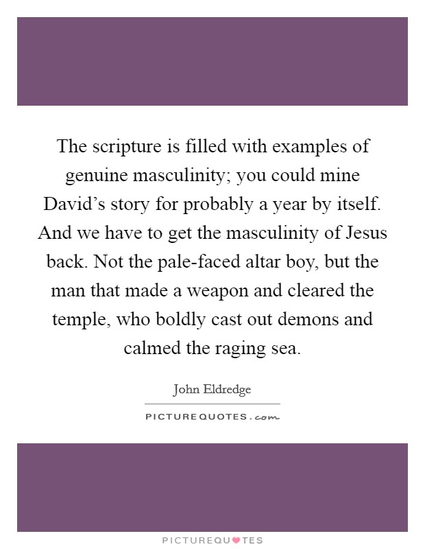 The scripture is filled with examples of genuine masculinity; you could mine David's story for probably a year by itself. And we have to get the masculinity of Jesus back. Not the pale-faced altar boy, but the man that made a weapon and cleared the temple, who boldly cast out demons and calmed the raging sea Picture Quote #1
