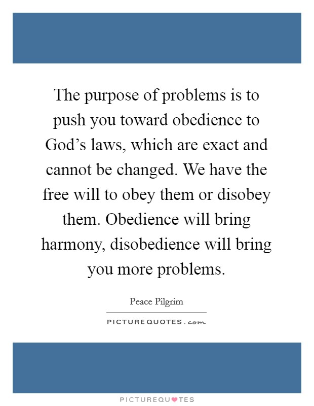 The purpose of problems is to push you toward obedience to God's laws, which are exact and cannot be changed. We have the free will to obey them or disobey them. Obedience will bring harmony, disobedience will bring you more problems Picture Quote #1