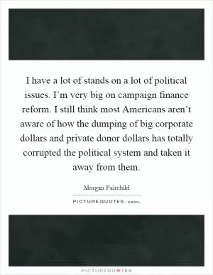 I have a lot of stands on a lot of political issues. I’m very big on campaign finance reform. I still think most Americans aren’t aware of how the dumping of big corporate dollars and private donor dollars has totally corrupted the political system and taken it away from them Picture Quote #1