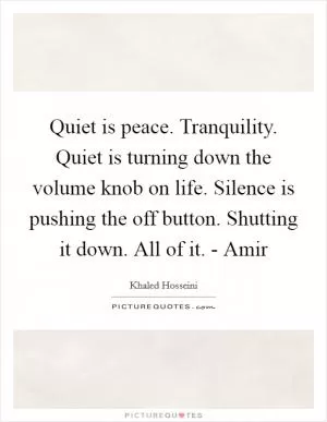 Quiet is peace. Tranquility. Quiet is turning down the volume knob on life. Silence is pushing the off button. Shutting it down. All of it. - Amir Picture Quote #1