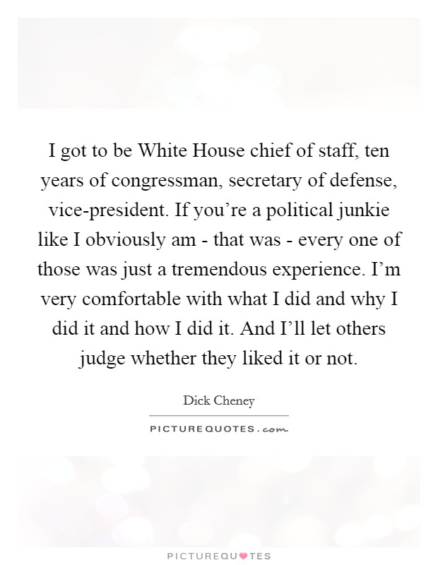 I got to be White House chief of staff, ten years of congressman, secretary of defense, vice-president. If you're a political junkie like I obviously am - that was - every one of those was just a tremendous experience. I'm very comfortable with what I did and why I did it and how I did it. And I'll let others judge whether they liked it or not Picture Quote #1