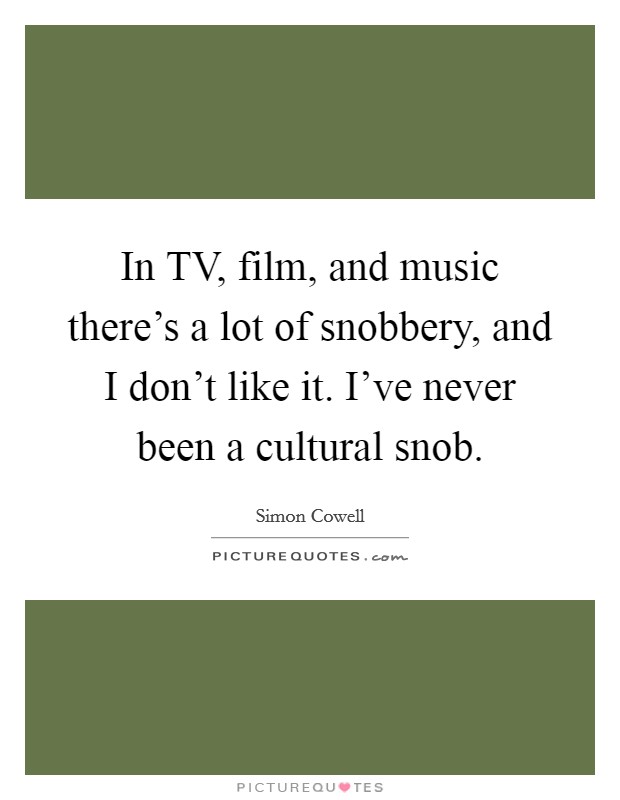 In TV, film, and music there's a lot of snobbery, and I don't like it. I've never been a cultural snob Picture Quote #1