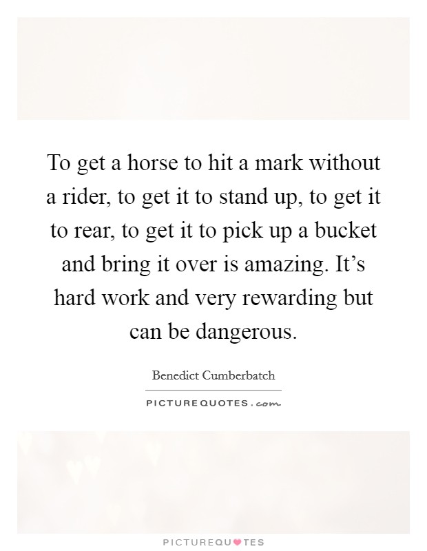 To get a horse to hit a mark without a rider, to get it to stand up, to get it to rear, to get it to pick up a bucket and bring it over is amazing. It's hard work and very rewarding but can be dangerous Picture Quote #1