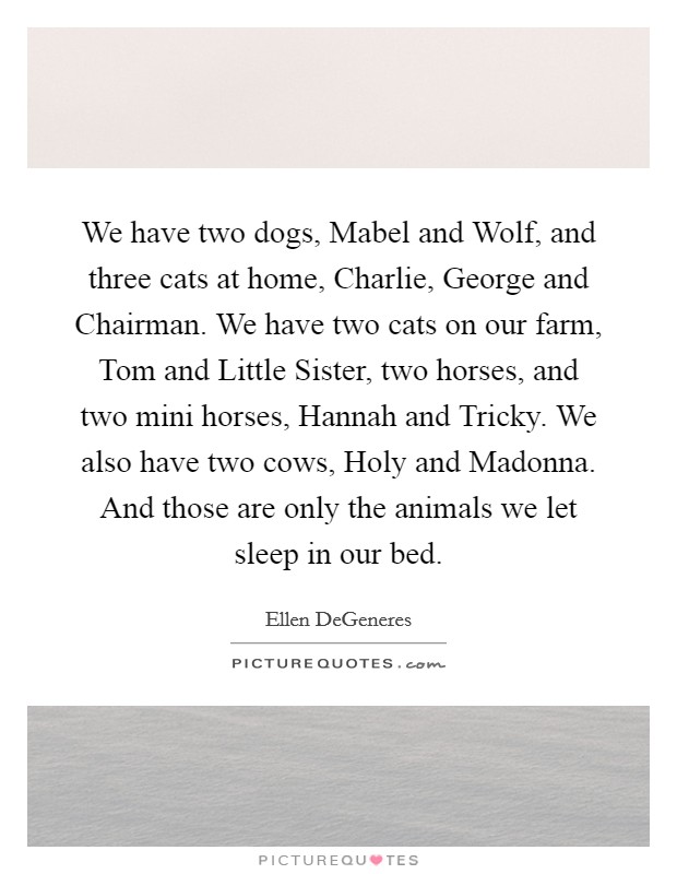We have two dogs, Mabel and Wolf, and three cats at home, Charlie, George and Chairman. We have two cats on our farm, Tom and Little Sister, two horses, and two mini horses, Hannah and Tricky. We also have two cows, Holy and Madonna. And those are only the animals we let sleep in our bed Picture Quote #1
