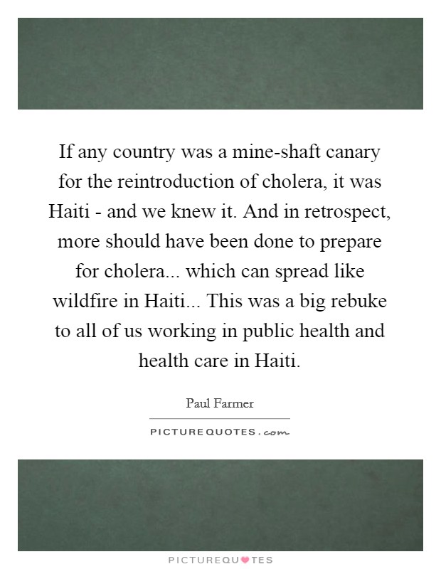 If any country was a mine-shaft canary for the reintroduction of cholera, it was Haiti - and we knew it. And in retrospect, more should have been done to prepare for cholera... which can spread like wildfire in Haiti... This was a big rebuke to all of us working in public health and health care in Haiti Picture Quote #1