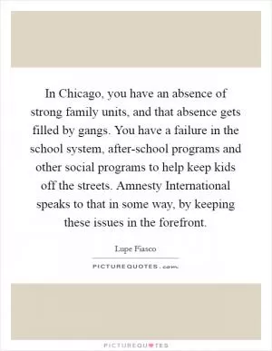 In Chicago, you have an absence of strong family units, and that absence gets filled by gangs. You have a failure in the school system, after-school programs and other social programs to help keep kids off the streets. Amnesty International speaks to that in some way, by keeping these issues in the forefront Picture Quote #1